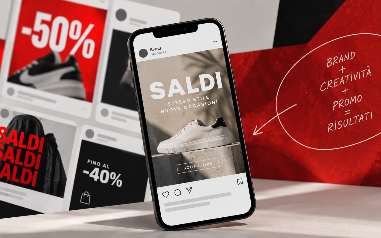 Creatività ADV saldi con elementi promozionali e percentuali di sconto