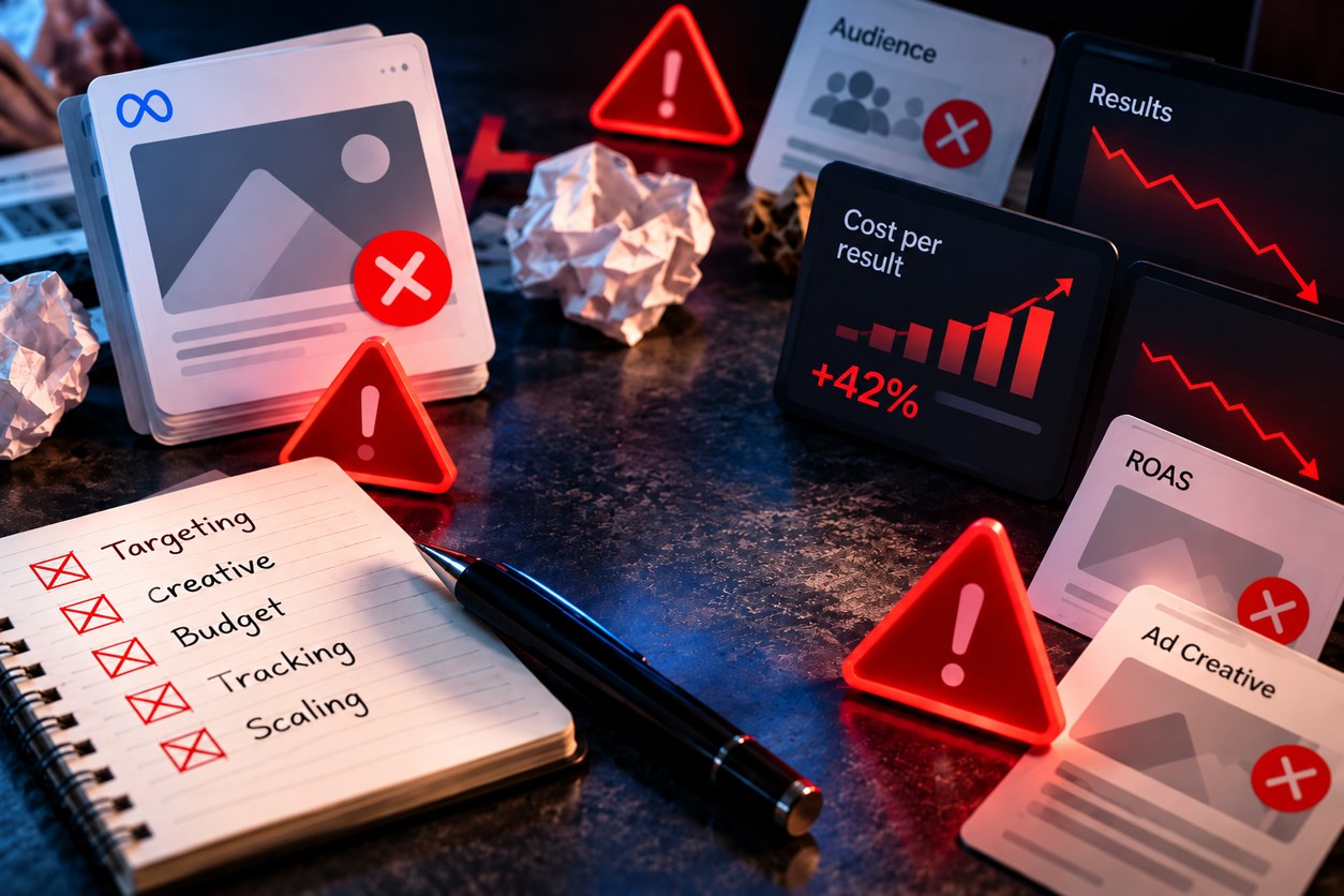 Logo Meta circondato da segnali di allarme, grafici in calo e una checklist con voci barrate