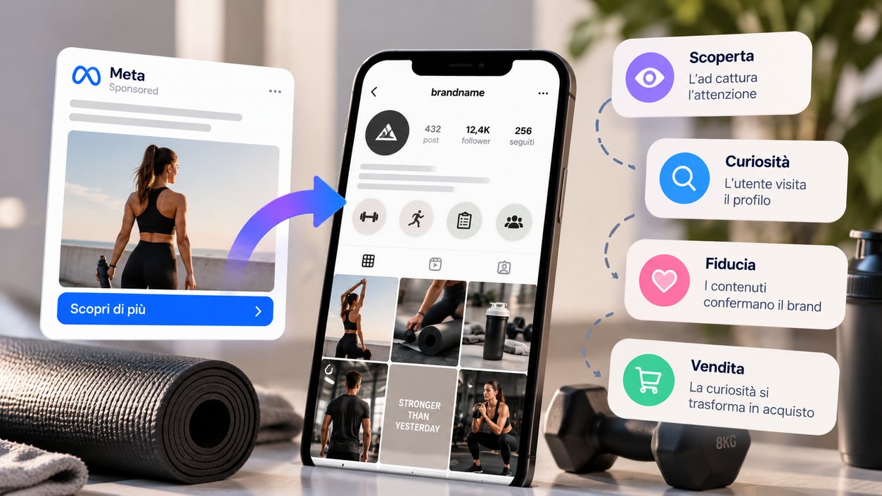Illustrazione del rapporto tra Meta Ads e contenuti organici nel percorso dell’utente