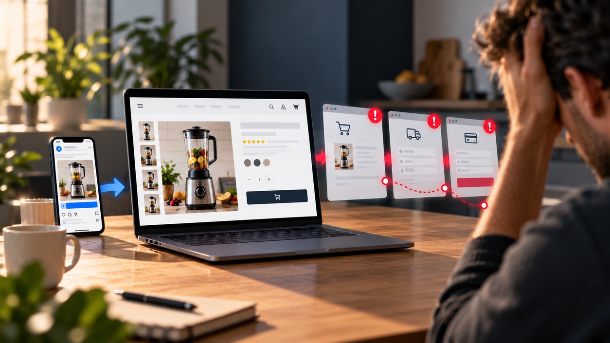 Percorso e-commerce da Meta Ads al sito con problemi nel carrello e nel checkout